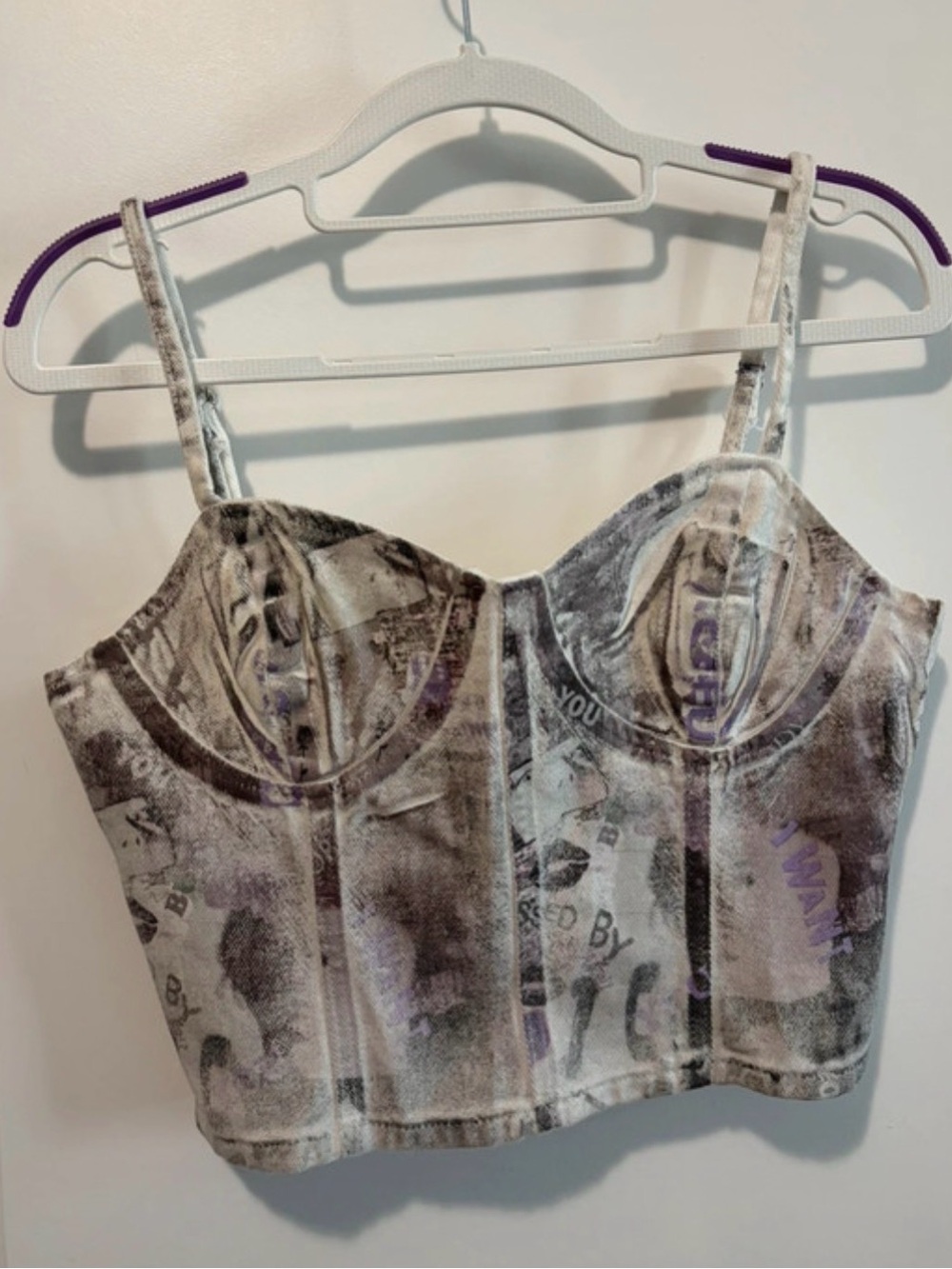 Forever 21 Gray and Purple Printed Bustier Crop Top